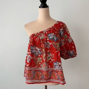 ❤️ Velvet by Graham & Spencer One Shoulder Boho Floral Blouse Red Cotton Top XS